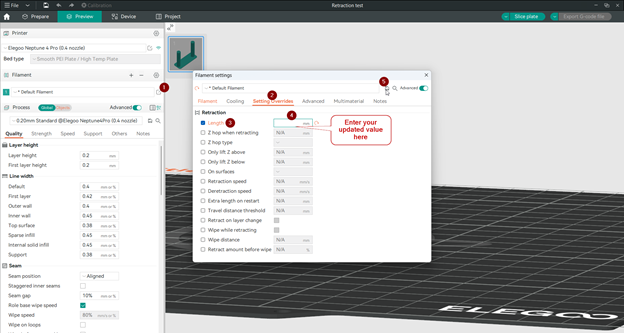 Adjust Your updated retraction length for the filament
