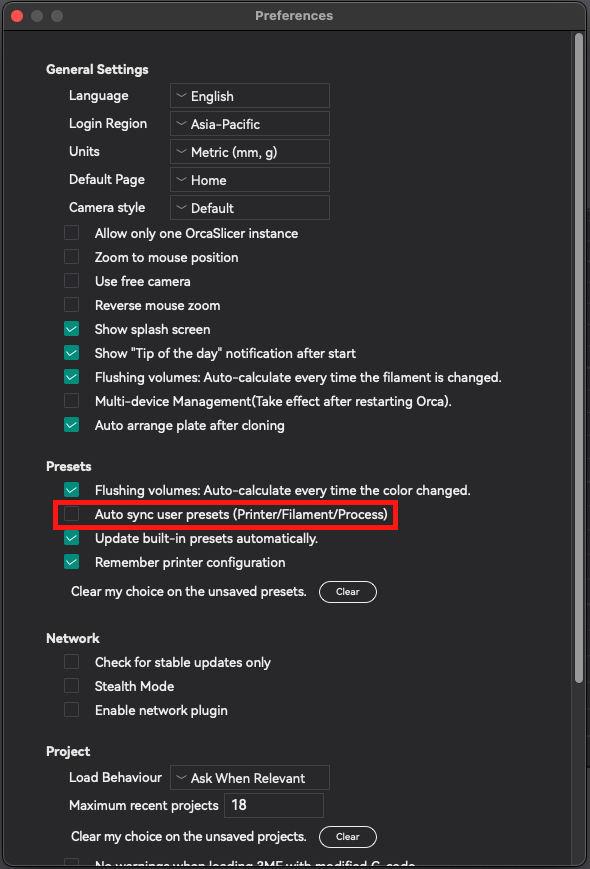 OrcaSlicer preferences window, with &#39;Auto sync user presets&#39; checkbox highlighted
