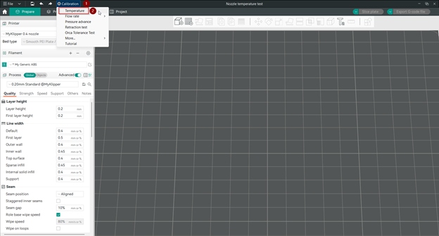 Select the Calibration menu and choose the Temperature option - OrcaSlicer