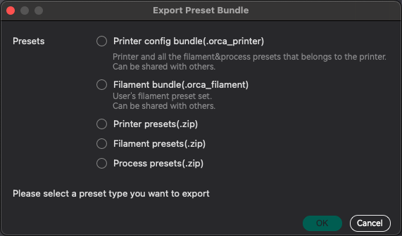 OrcaSlicer export preset bundle dialog, showing selection options