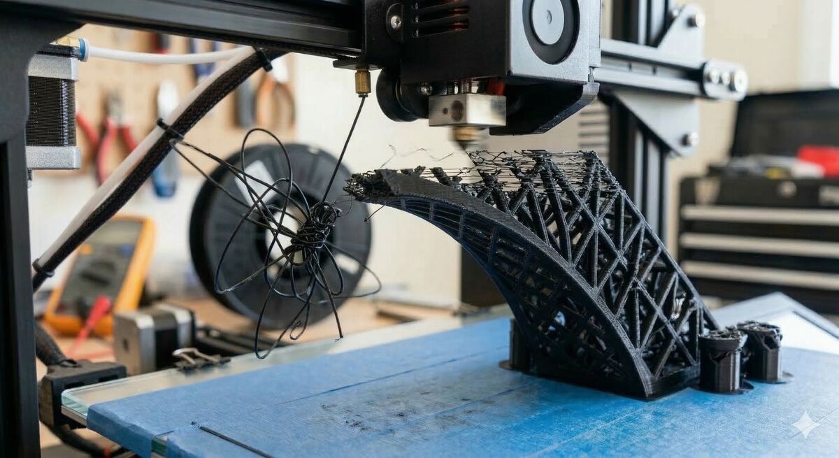 A filament tangle prevented feeding, causing spaghetti on the print Filament tangle causing spaghetti