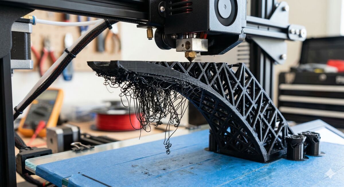 Spaghetti forming where supports failed on a bridge model Failed supports causing spaghetti on a bridge overhang