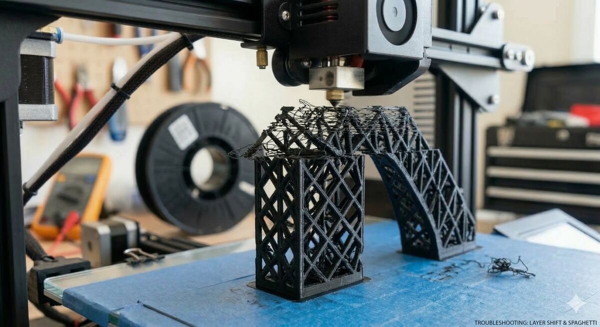 A layer shift caused misalignment, eventually leading to spaghetti Layer shift leading to spaghetti