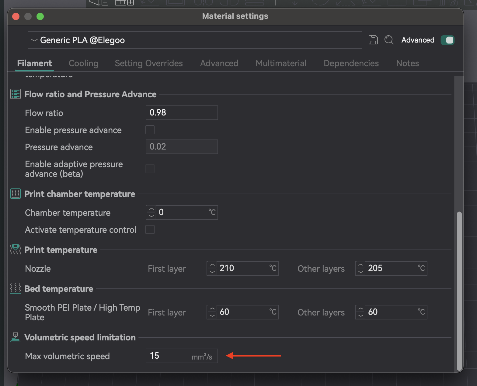 OrcaSlicer filament settings showing Max Volumetric Speed input field