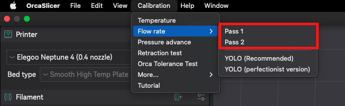 OrcaSlicer&#39;s calibration menu showing options for Flow Rate Calibration Pass 1 and Pass 2.