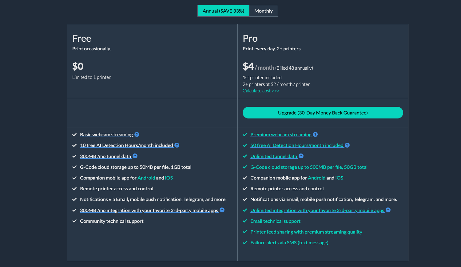 Obico Cloud pricing page showing Free and Pro plans side by side