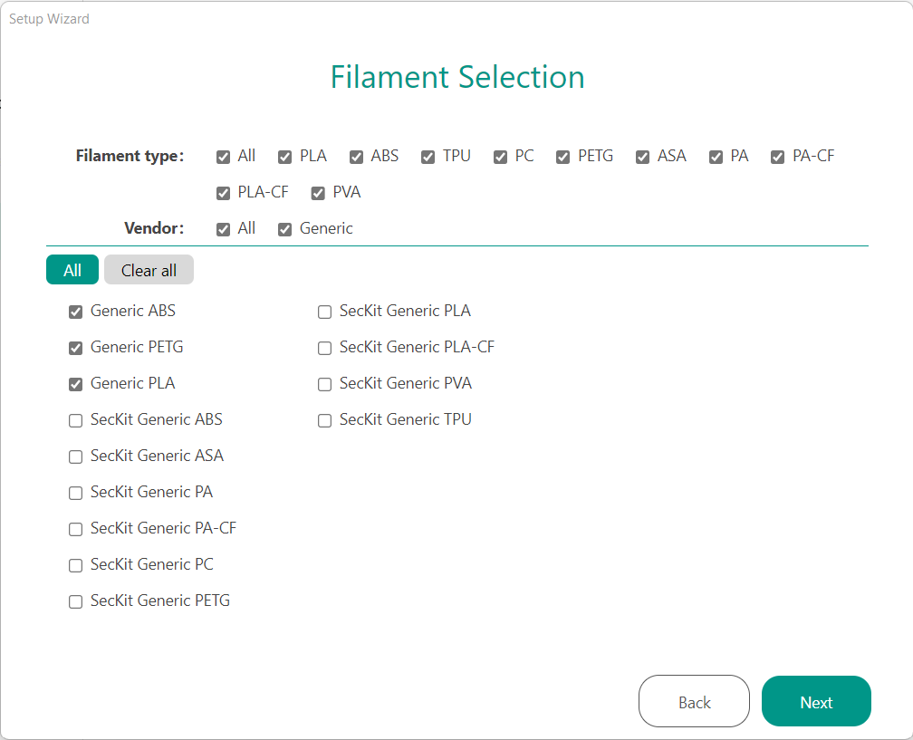 Select the Filaments in Orca Slicer