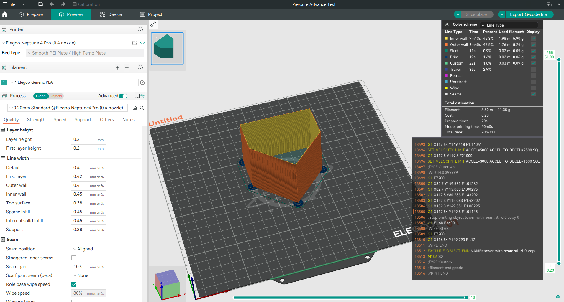 Pressure advace tower option preview in OrcaSlicer