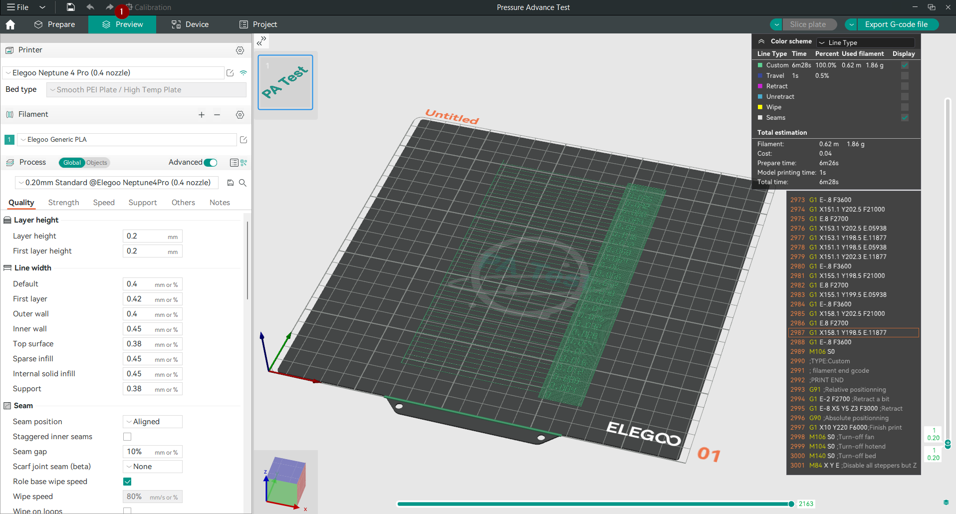 Preview Pressure advance line test in OrcaSkicer