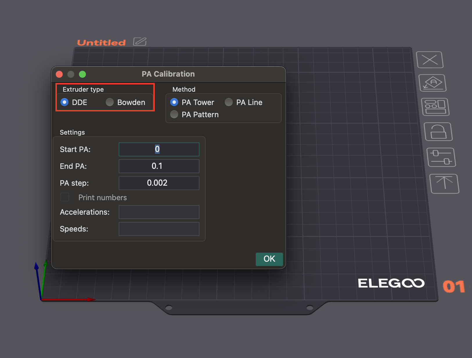 OrcaSlicer Pressure Advance setup dialog, showing extruder type selection