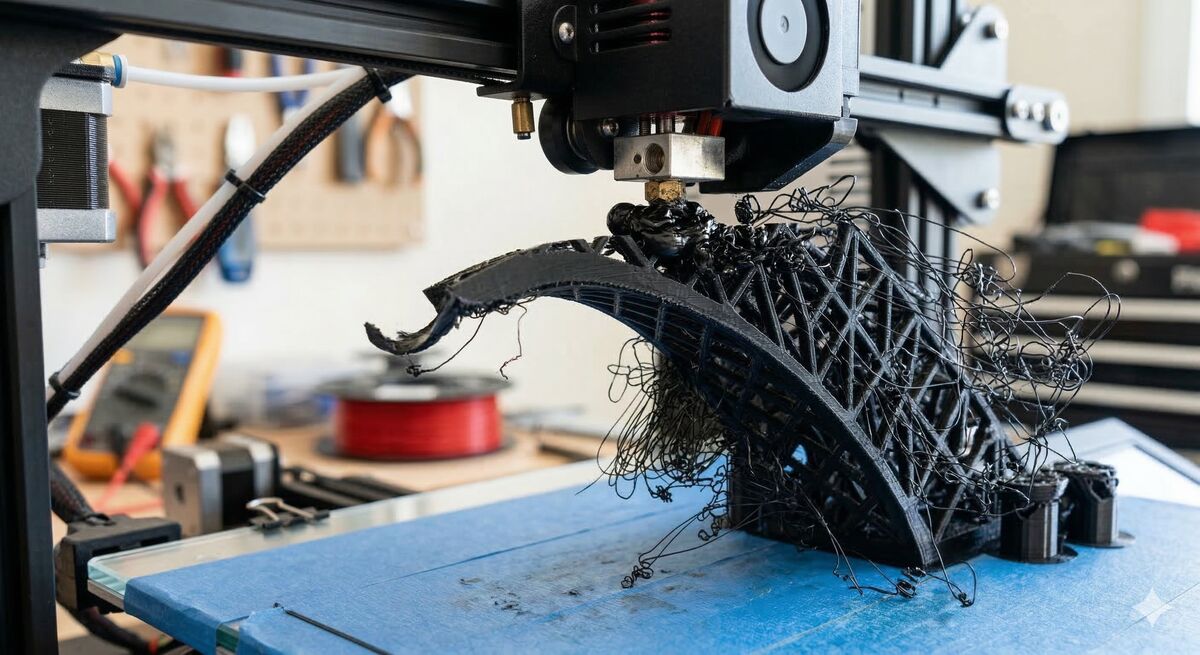 The nozzle caught a curled edge and knocked the print loose Nozzle knocking a print loose, causing spaghetti