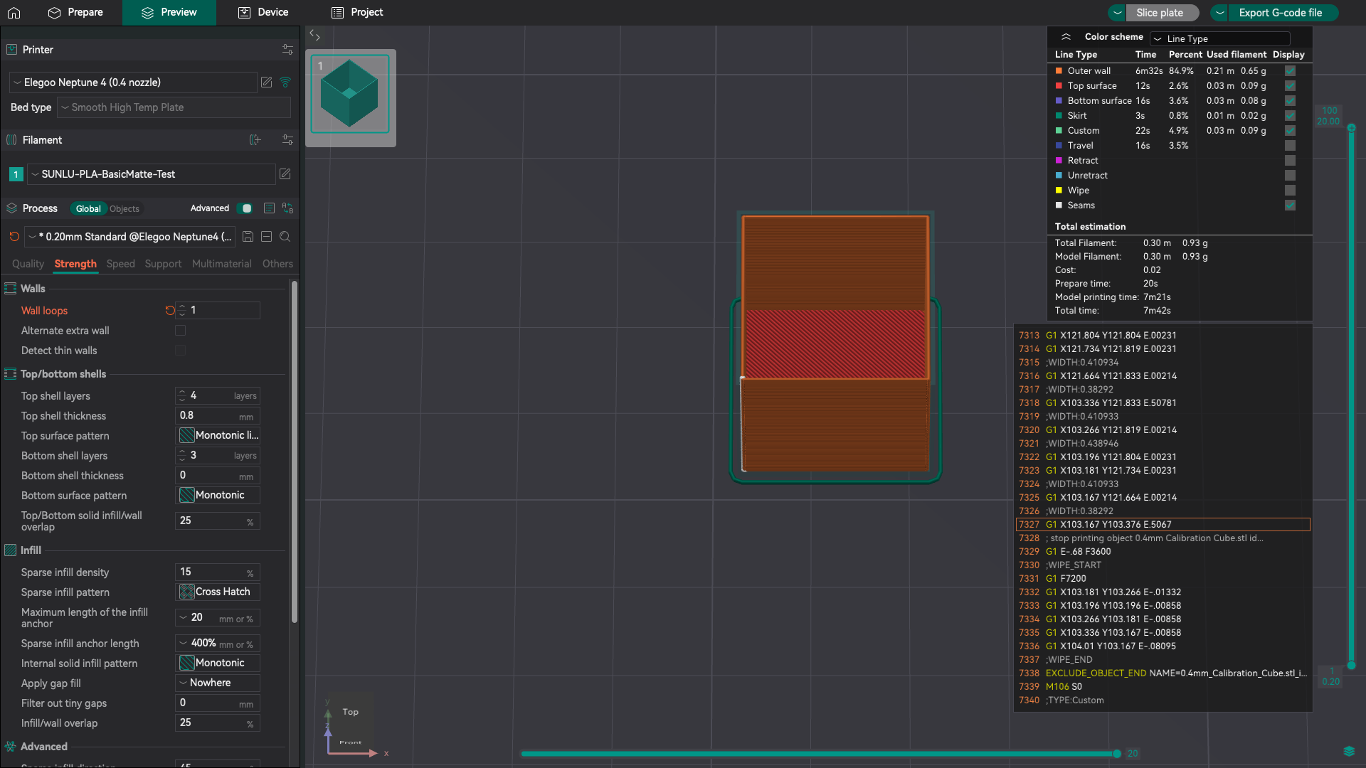 OrcaSlicer preview showing a single wall thickness on the sliced test cube.
