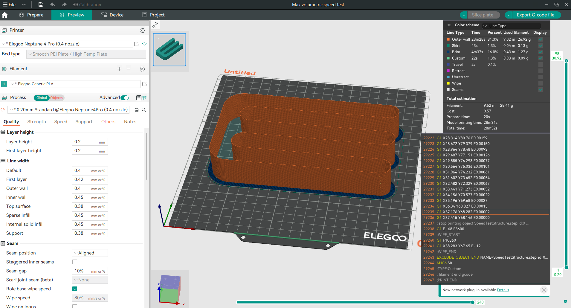 Slice and Print Max Volumetric speed test in OrcaSlicer