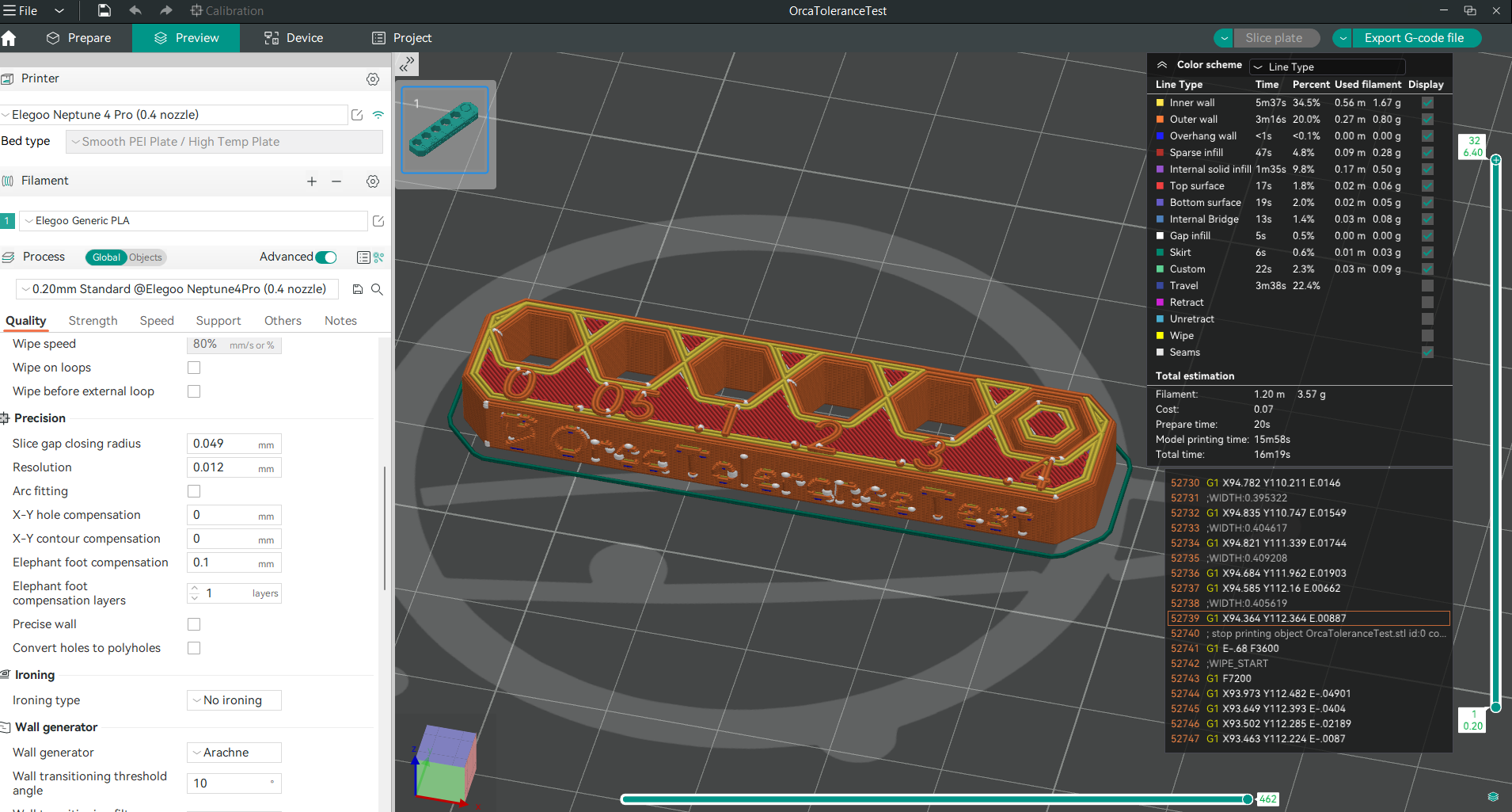 slice the 3D tolerance test model and print it OrcaSlicer