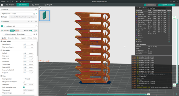 Slice the project and save the G-code file - OrcaSlicer - temperature tower