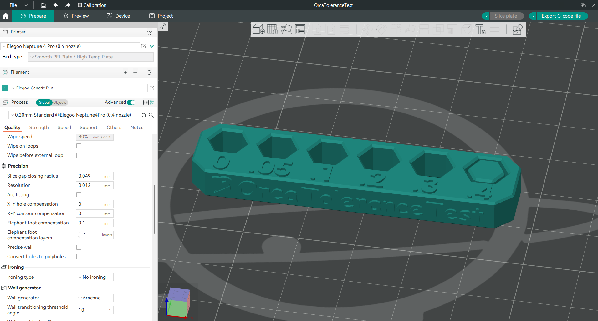 Tolerance test 3D model in OrcaSlicer