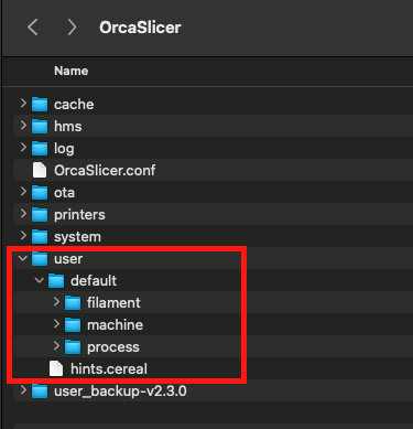 Ventana del Explorador de archivos/Finder que muestra el directorio de usuario de OrcaSlicer con subcarpetas de filamento, máquina y proceso
