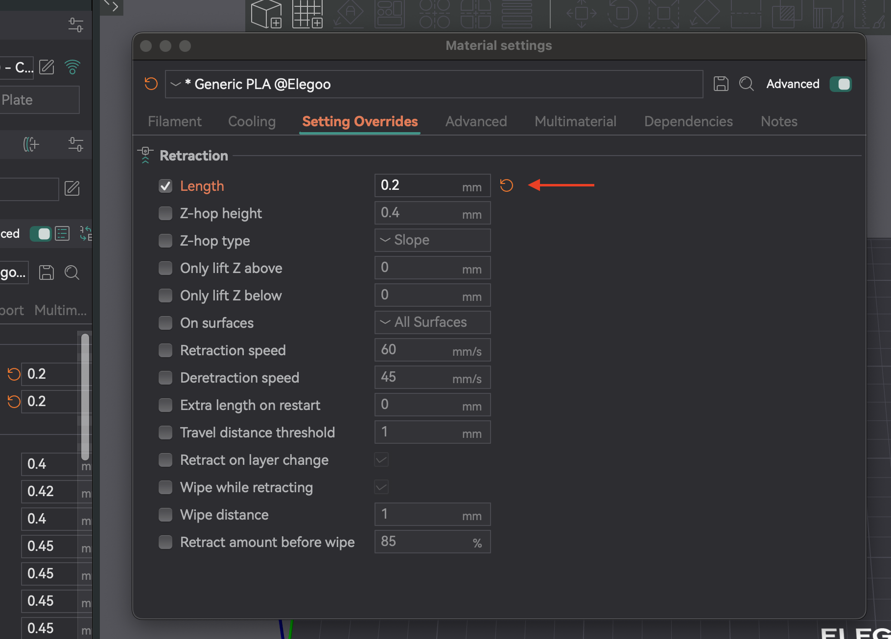 Configuración del filamento de OrcaSlicer que muestra el campo de entrada de longitud de retracción