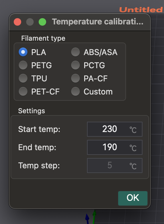 Cuadro de diálogo de calibración de temperatura de OrcaSlicer