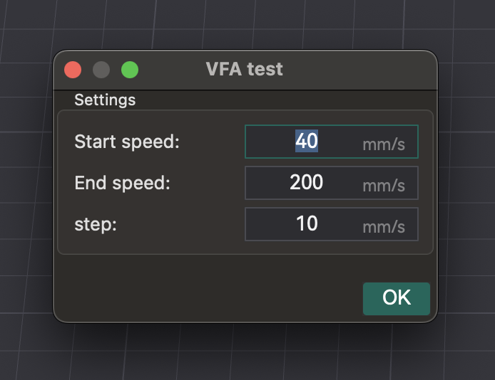 Finestra di dialogo di configurazione del test VFA di OrcaSlicer