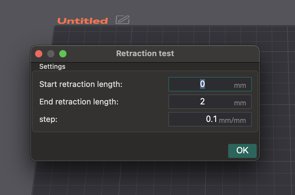 Dialogo di configurazione del test di retrazione di OrcaSlicer