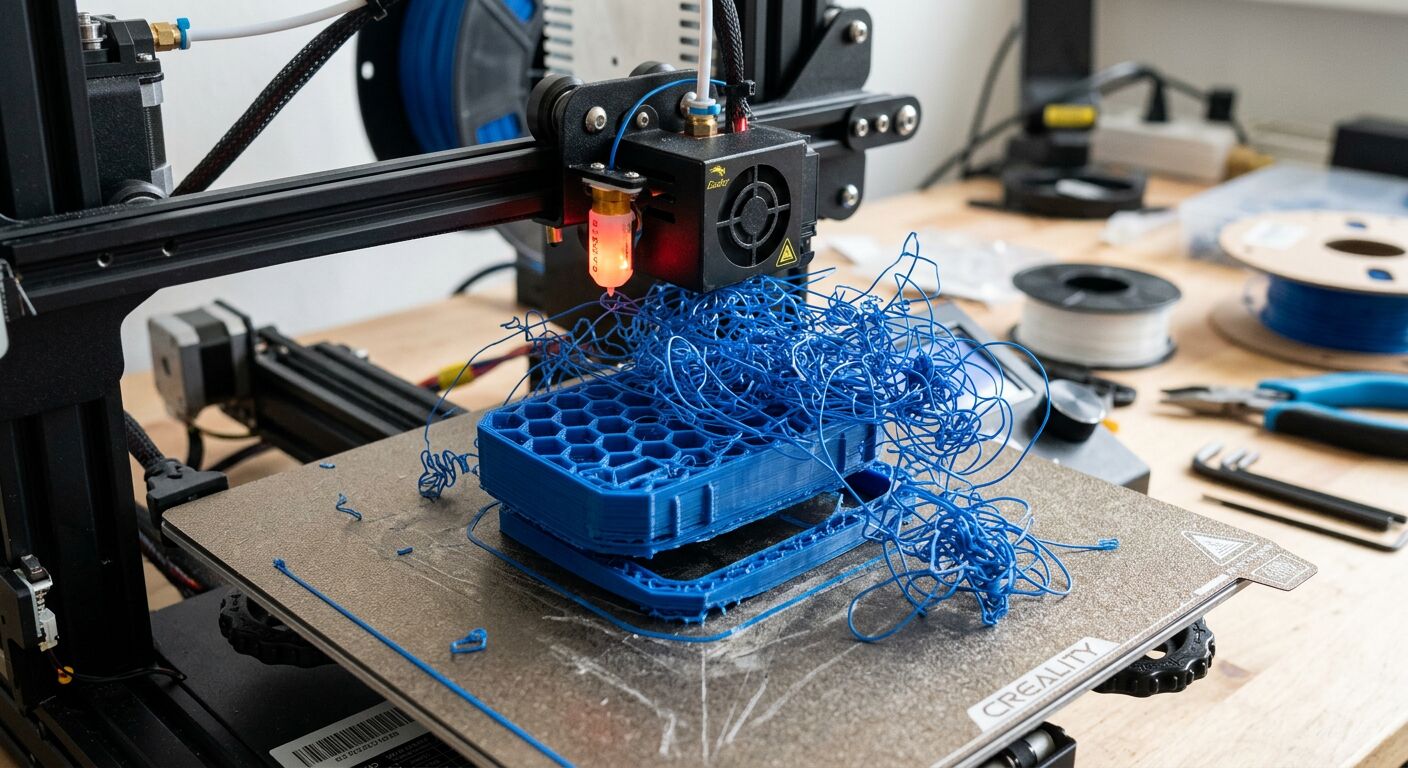 Spaghetti 3D print failure — tangled filament nest