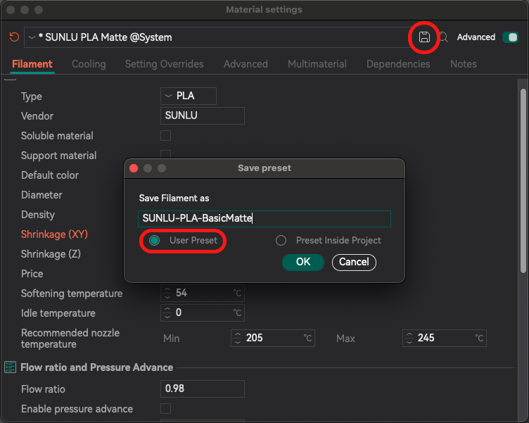 Janela de configurações do filamento OrcaSlicer, destacando o botão &quot;Salvar como nova predefinição do usuário&quot; e os campos para fornecedor/tipo